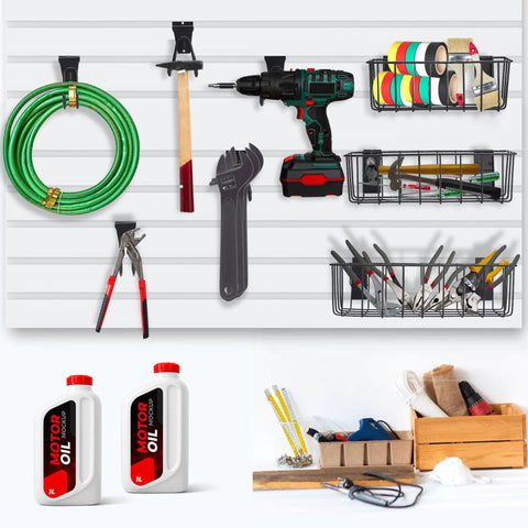 Heavy-Duty Slatwall Baskets and Hooks Kit for Standard Slatwall Panels, 32-piece set with tools organized in garage workshop.