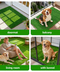 Collage showing all weather artificial turf for dogs and indoor potty training replacement grass rug used on patio, balcony, and indoors
