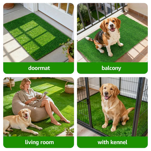 Collage showing all weather artificial turf for dogs and indoor potty training replacement grass rug used on patio, balcony, and indoors