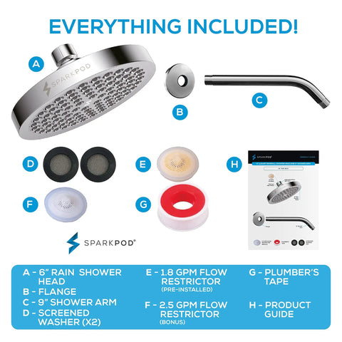 6 Inch Rain Shower Head With 9 Inch Shower Arm High Pressure Rainfall For A Strong Water Flow No Tools 1 Minute Install Kit Components