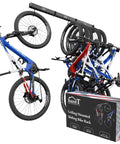 Rugged Heavy Duty Ceiling Bike Rack That Slides For Up To Six Bicycles Overhead Garage Storage Mount With 51 Inch Rails Black Steel Hanging Hooks Supporting Up To 450 Pounds Easy Install Bike Ceiling Mount displayed with hanging bikes and packaging box.