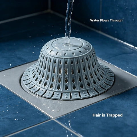 Bathtub Drain Strainer Silicone Bathroom Stopper Fixture in use, capturing hair while water flows through on tiled floor.