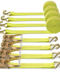 Four Pack 2 Inch By 27 Foot Heavy Duty Ratchet Straps With Aluminum Handle And Double J Hooks Keep Your Gear Tight For Moving Appliances Lawn Equipment And Motorcycles In A Truck Yellow, showing rolled and unrolled yellow straps with hooks