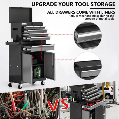 40 Inch Rolling Tool Chest With 7 Drawers And Detachable Top Box Portable Steel Tool Cabinet With Liners Heavy Duty Mobile Storage For Garage Workshop Warehouse Black Finish, open drawers and cabinet