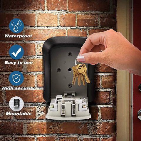 Hand using Five Key Wall Mounted Lock Box With Waterproof Seal Outdoor Ready Easy To Use Combination Safe against brick wall.