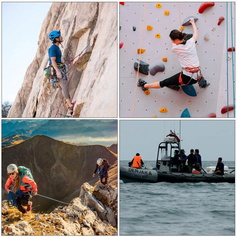 People using Lightweight 35kN Aluminum Figure 8 Descender Rigging Plate Red for climbing, mountaineering, rescue, and rigging