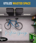 Overhead Garage Storage Rack For Four Bins With Adjustable Width And 160 Lb Capacity in a garage with bike and tools