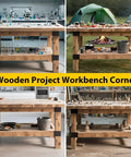 Collage of wooden workbenches showing various uses, with focus on Heavy Duty 3-Way Corner Bracket Kit For 4x4 And 2x4 Woodwork.