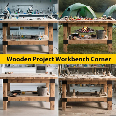 Collage of wooden workbenches showing various uses, with focus on Heavy Duty 3-Way Corner Bracket Kit For 4x4 And 2x4 Woodwork.