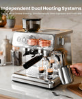 Dual Boiler Espresso Machine With Integrated Grinder And 20 Bar Pump making espresso shots on countertop with milk froth pitcher.