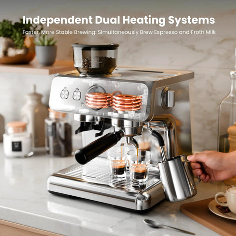 Dual Boiler Espresso Machine With Integrated Grinder And 20 Bar Pump making espresso shots on countertop with milk froth pitcher.