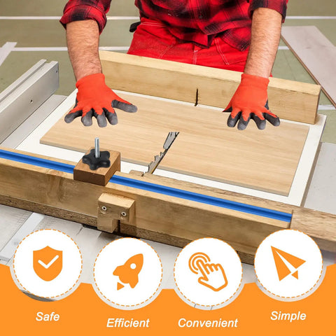 Person using Crosscut Table Saw Sled Kit With Aluminum T Tracks And UHMW Miter Bars, 21 Piece Set on a table saw