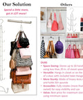 Over Door Purses Hanger Organizer With 360 Rotation Heavy Duty Chrome Bag Holder with multiple bags hung in a closet setup