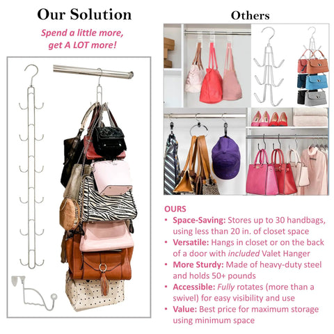 Over Door Purses Hanger Organizer With 360 Rotation Heavy Duty Chrome Bag Holder with multiple bags hung in a closet setup