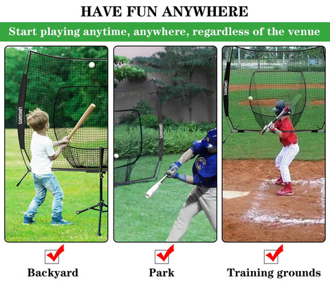 7x7 Baseball Practice Net With Steel Frame For Batting Hitting And Pitching Portable Softball Net For Training Carrying Bag Easy Setup Big Mouth Catch Area To Save Time Chasing Balls in various settings like backyard, park, and training grounds.