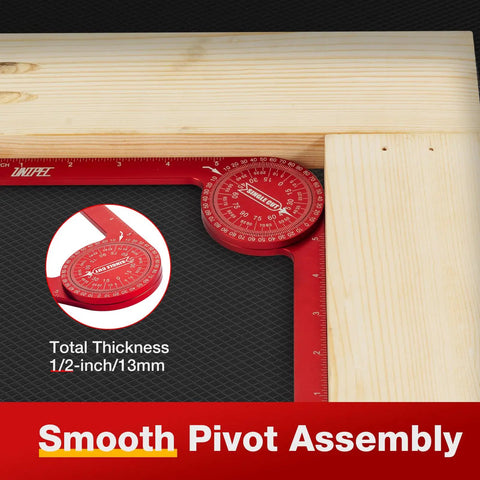 7.3 Inch Aluminum Miter Saw Protractor Angle Finder Tool with Sick Accuracy for Cutting Crisp Crown Molding Baseboard and Trim Corners, showing smooth pivot assembly.