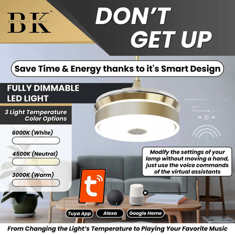 Dope Retractable 42 Inch Ceiling Fan With Remote Control Bluetooth Speaker And Smart Home Compatibility Alexa Google Home TUYA LED Lights And Three Temperature Modes Quiet Efficient Modern Gold Aluminum Design displayed in room setting