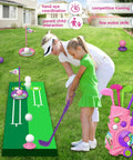 Toddler Golf Set With Putting Mat For Ages 3 To 5 4 Clubs 8 Balls 2 Practice Holes Indoor Outdoor Play Kid Friendly Portable Carry Strap And Storage Bag 20 Piece with child playing and putting mat features highlighted.