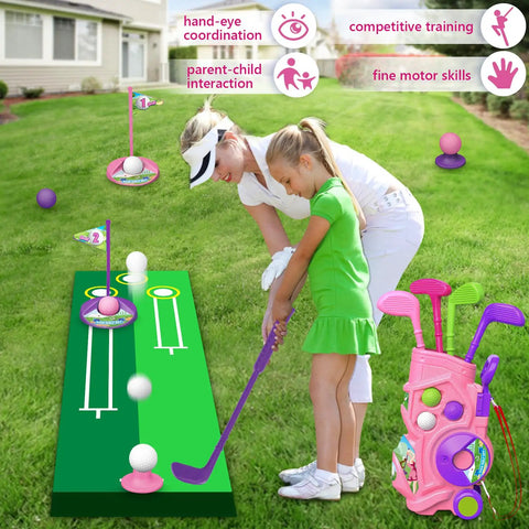 Toddler Golf Set With Putting Mat For Ages 3 To 5 4 Clubs 8 Balls 2 Practice Holes Indoor Outdoor Play Kid Friendly Portable Carry Strap And Storage Bag 20 Piece with child playing and putting mat features highlighted.