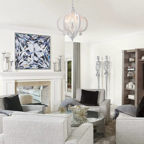 Farmhouse Six Light Wood Chandelier in Distressed White with cozy vibe in a modern living room setting