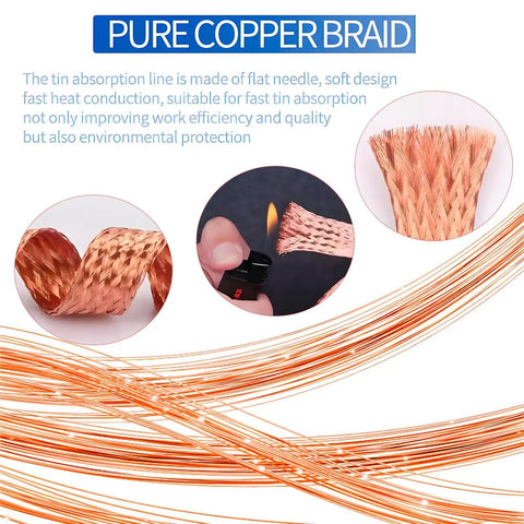 No Clean Soldering Wick Braid Desoldering Kit 8 Pcs with Pure Copper Braid and heat application demonstration