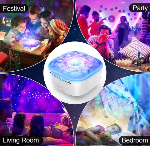 Star Projector Galaxy Night Light with Remote Control and Timer Bluetooth Speaker projecting aurora waves at home events.