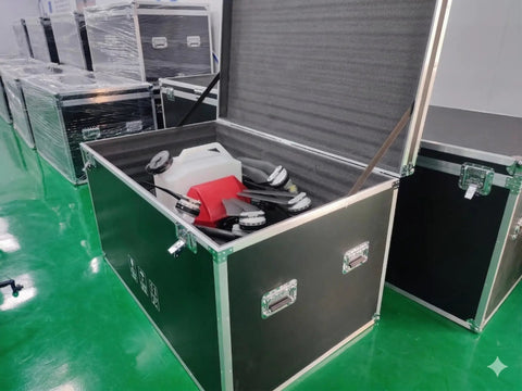 Open storage case with equipment for Workhorse Crop Sprayer Drone With 8 Gallon Payload For Granule Spreading And Seed Sowing.