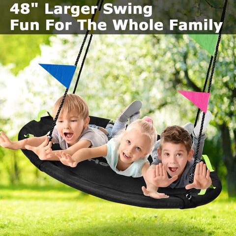 48 Inch Saucer Swing for Backyard Fun, Big Family Size Holds Up to 900 Lb with kids playing on black outdoor swing