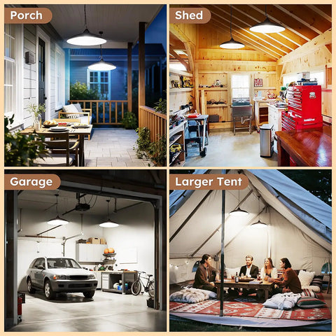 Solar Shed Light With Dual Lamps, 2000LM Outdoor Indoor Pendant Lighting in porch, shed, garage, and large tent settings