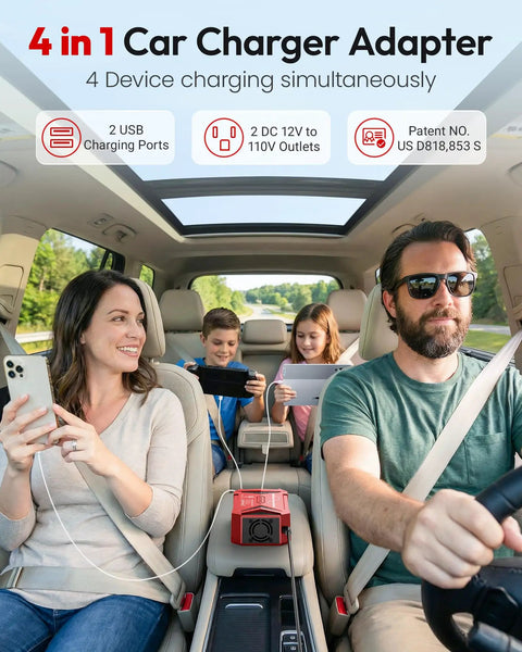 300W Pure Sine Wave Power Inverter For Road Trips in car, charging devices with dual USB ports and outlets.