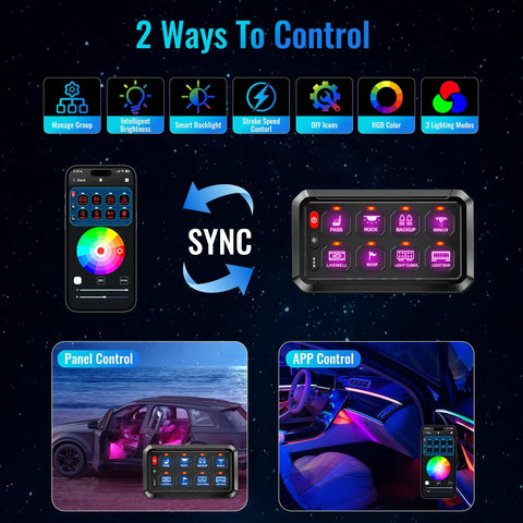 RGB Eight Gang Switch Panel For 12 24V Automotive Systems with Bluetooth app control and multifunction display interface.