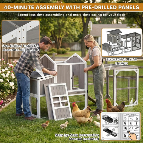 Couple assembling a Spacious Backyard Chicken Coop With Walk-In Run And Wheels For 3 To 6 Hens, 95.3 Inch Wooden Hen House