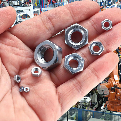 Assorted Stainless Steel Hex Nuts Kit With 430 Pieces, Coarse Thread Nut Set shown in hand over industrial background