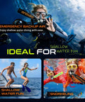Obsidian Orange 0.5L Mini Scuba Tank For Snorkeling And Shallow Water Adventures being used by divers in ocean and pool settings