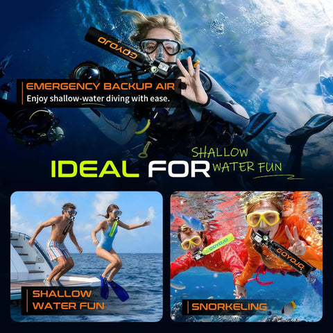 Obsidian Orange 0.5L Mini Scuba Tank For Snorkeling And Shallow Water Adventures being used by divers in ocean and pool settings