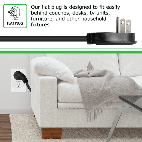 Beefy 25 Ft 7 Outlet Metal Surge Protector Power Strip With 14 AWG Cord, flat plug behind a sofa showing fit with furniture