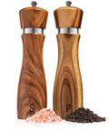 Wooden Salt And Pepper Grinder Set Refillable Mills With Adjustable Coarseness Crafted From Solid Acacia Wood With Ceramic Core And Stainless Steel Mechanism Eight Inches Long Each For Fresh Gourmet Flavor