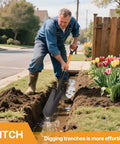 Man using heavy duty 45 inch orange fiberglass handle spade shovel for digging and trenching in the backyard next to tulips.