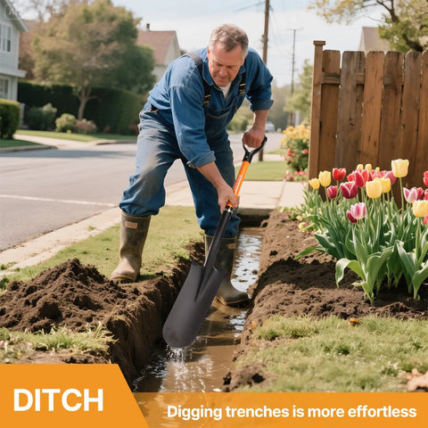 Man using heavy duty 45 inch orange fiberglass handle spade shovel for digging and trenching in the backyard next to tulips.