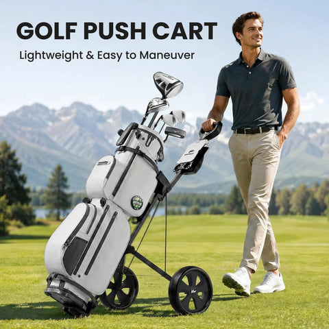 Top Shelf Two Wheel Golf Pull Cart Lightweight Foldable Push Cart Built From Heavy Duty Steel With Quick Adjust Straps Providing Smooth Glide Action And Rock Solid Frame Support For Weekend Warriors Enjoying The Sport on a golf course.