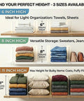 8 Pack Acrylic Shelf Dividers For Purses And Handbags Closet Organizer Bag Storage For Handbags Clutches Clothes Towels On Wood Shelves Space Saving And Easy Access showing three height options for storage.