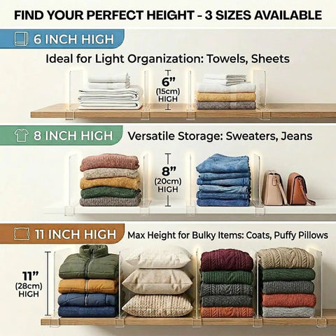 8 Pack Acrylic Shelf Dividers For Purses And Handbags Closet Organizer Bag Storage For Handbags Clutches Clothes Towels On Wood Shelves Space Saving And Easy Access showing three height options for storage.