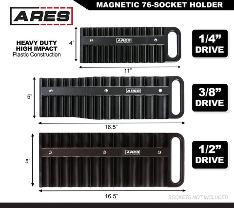Magnetic Socket Holder Set 3-Piece Black 1/4 Inch 3/8 Inch and 1/2 Inch Drive Organizers with measurements on diagram.