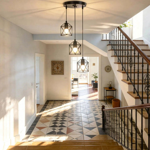 Slick Farmhouse Three Light Pendant With Adjustable Drop Cords Matte Black Hanging Ceiling Lamp in entryway with patterned floor.