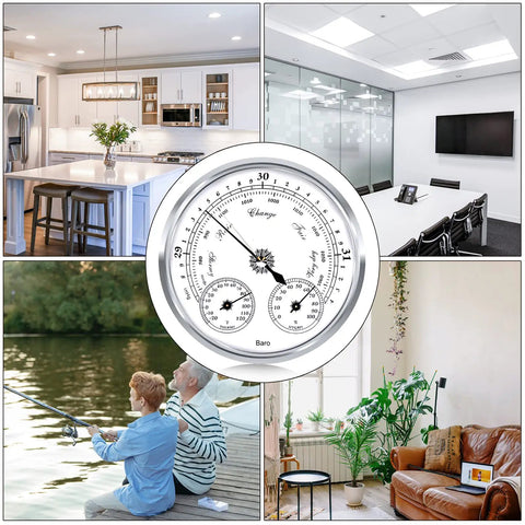 Outdoor Barometer Thermometer Hygrometer 5 Inch Weather Station in various setups: kitchen, office, outdoors, living room.