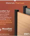 Close-up of WoodTek Vinyl material used in six foot high freestanding privacy screen with planter box for patio.