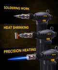Butane Torch Multi-Function Kit With Self Igniting Soldering Station And Adjustable Flame shown for soldering, heat shrinking, precision heating.