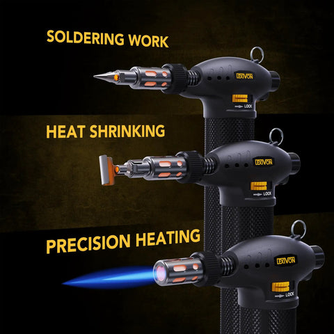 Butane Torch Multi-Function Kit With Self Igniting Soldering Station And Adjustable Flame shown for soldering, heat shrinking, precision heating.