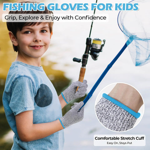 Child wearing Kids Cut Resistant Gloves For Cooking And Crafting, 100 Percent Food Safe, holding a fishing rod with net
