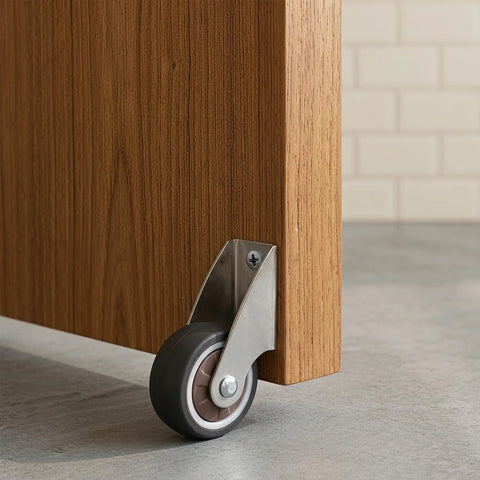 Two Inch Low Profile Door Support Wheels, Anti Sag Caster Rollers For Solid Wood Doors And Gates, heavy duty grey hardware attached to wooden door.